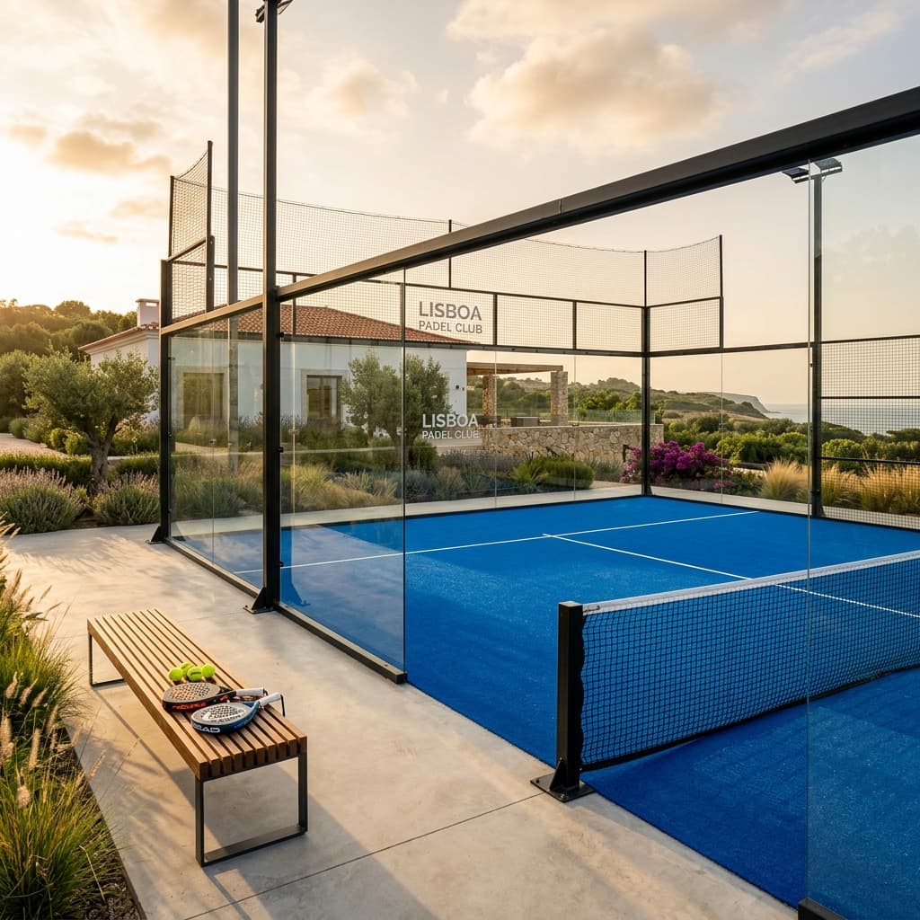 Padel court bathed in golden afternoon light
